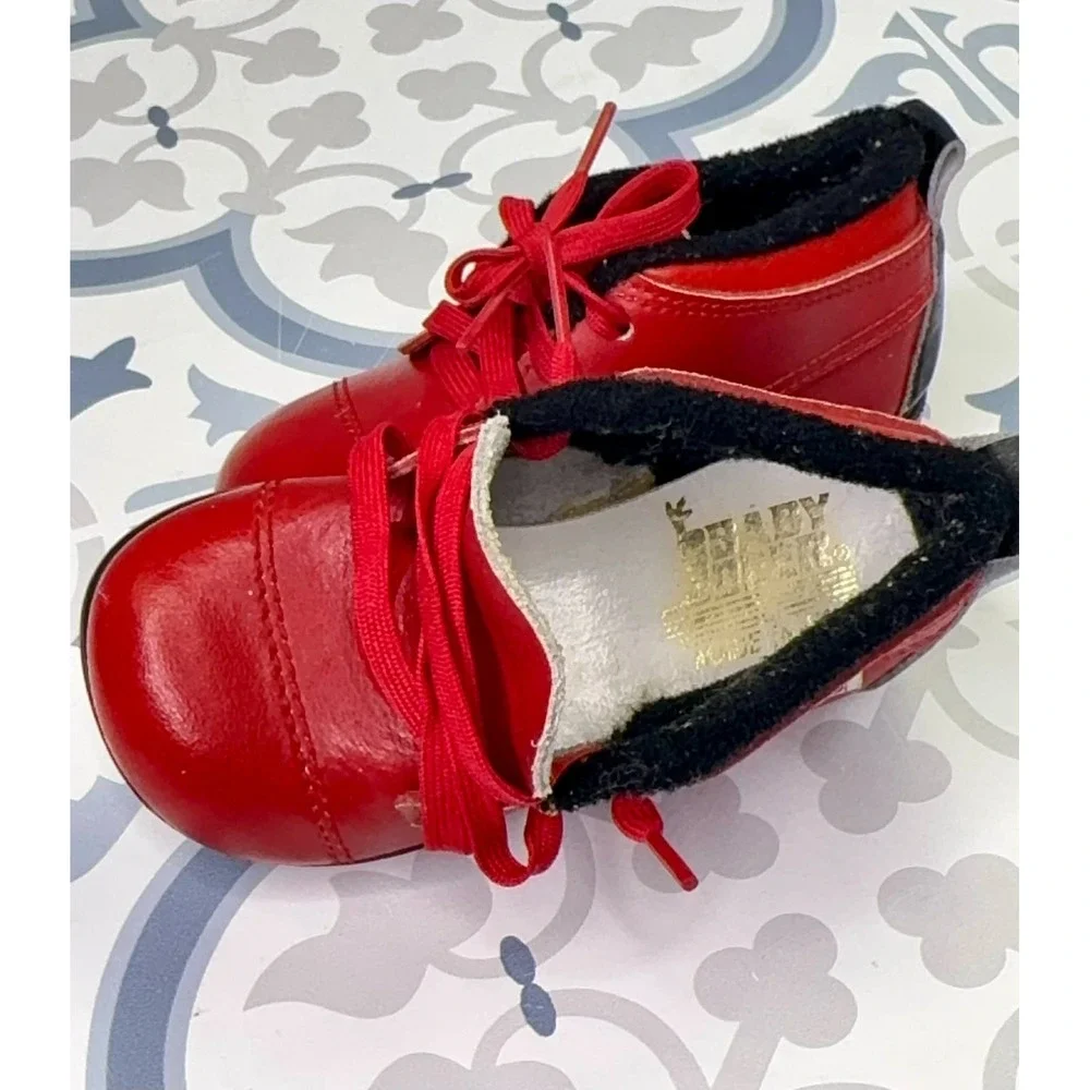 Vintage 80s Baby Deer x McKids Walking Shoes Infant Size 3 1/2 D Red Leather USA